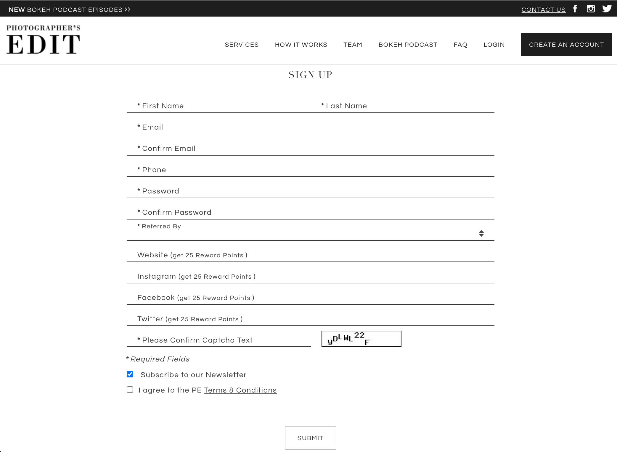 Photographer's Edit Account Creation Page